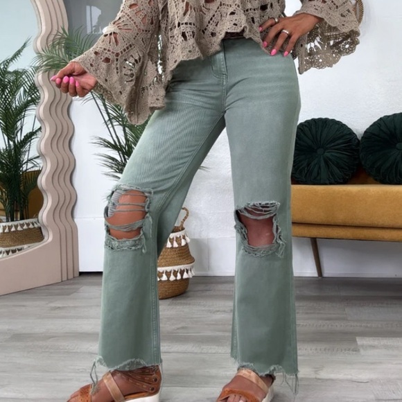 Vervet High Waisted Distressed Jeans Denim Olive Green Army size 25 cotton flare - Picture 1 of 6